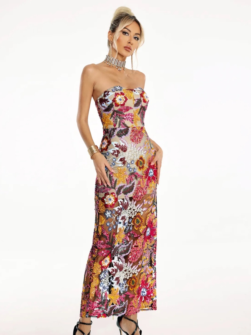 NWT Bella Barnett Satu Floral Maxi Dress Sequin Small cocktail Bodycon Bronx